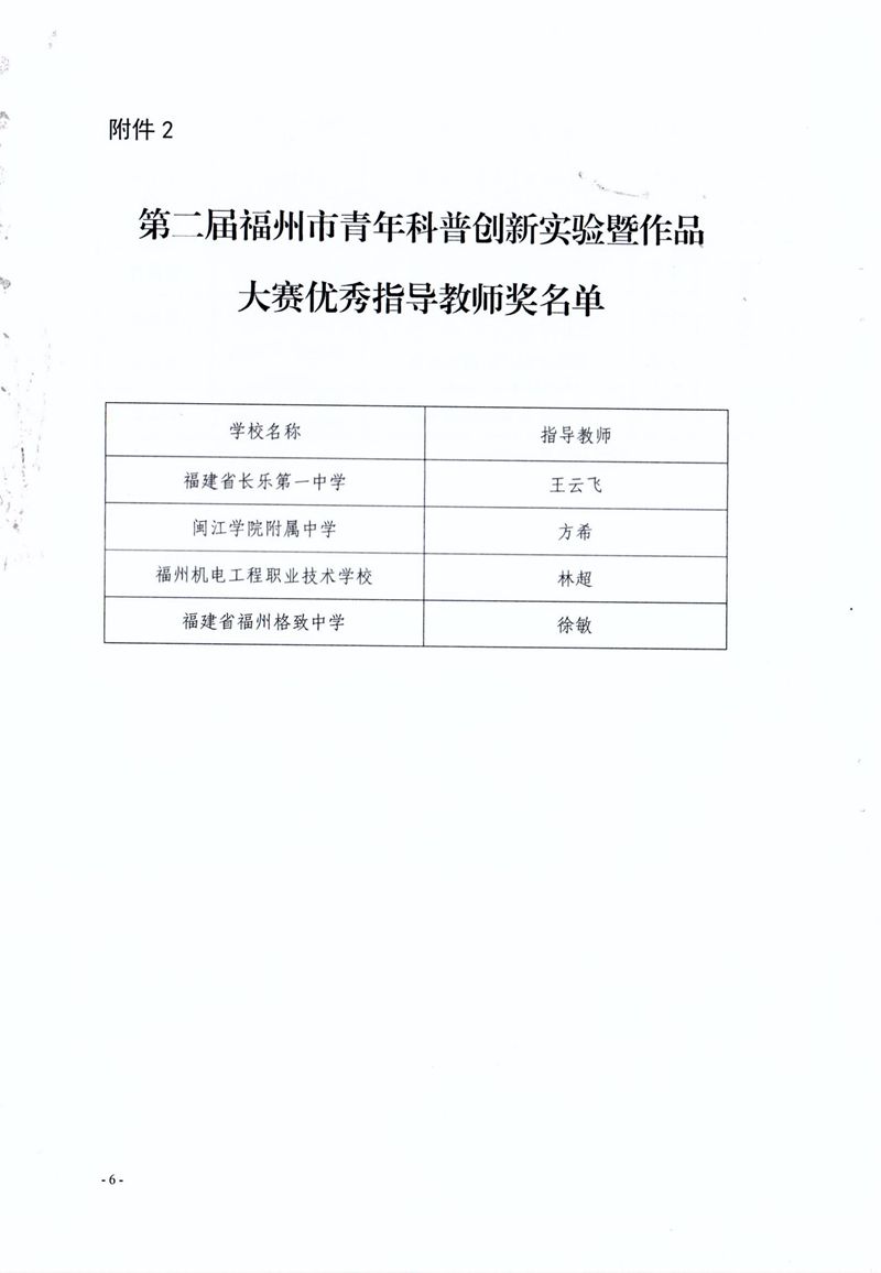 福州市科學(xué)技術(shù)協(xié)會 福州市教育局 共青團福州市委關(guān)于公布第二屆福州市青年科普創(chuàng)新實驗暨作品大賽獲獎名單的通知 