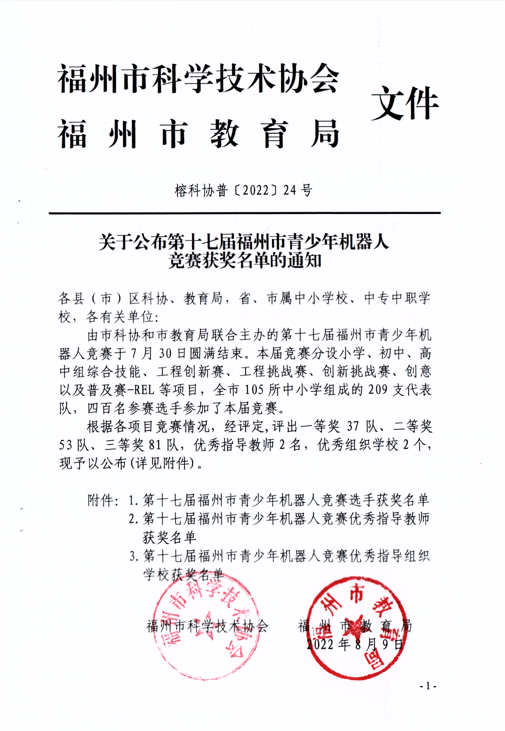 關(guān)于公布第十七屆福州市青少年機(jī)器人競賽獲獎名單的通知
