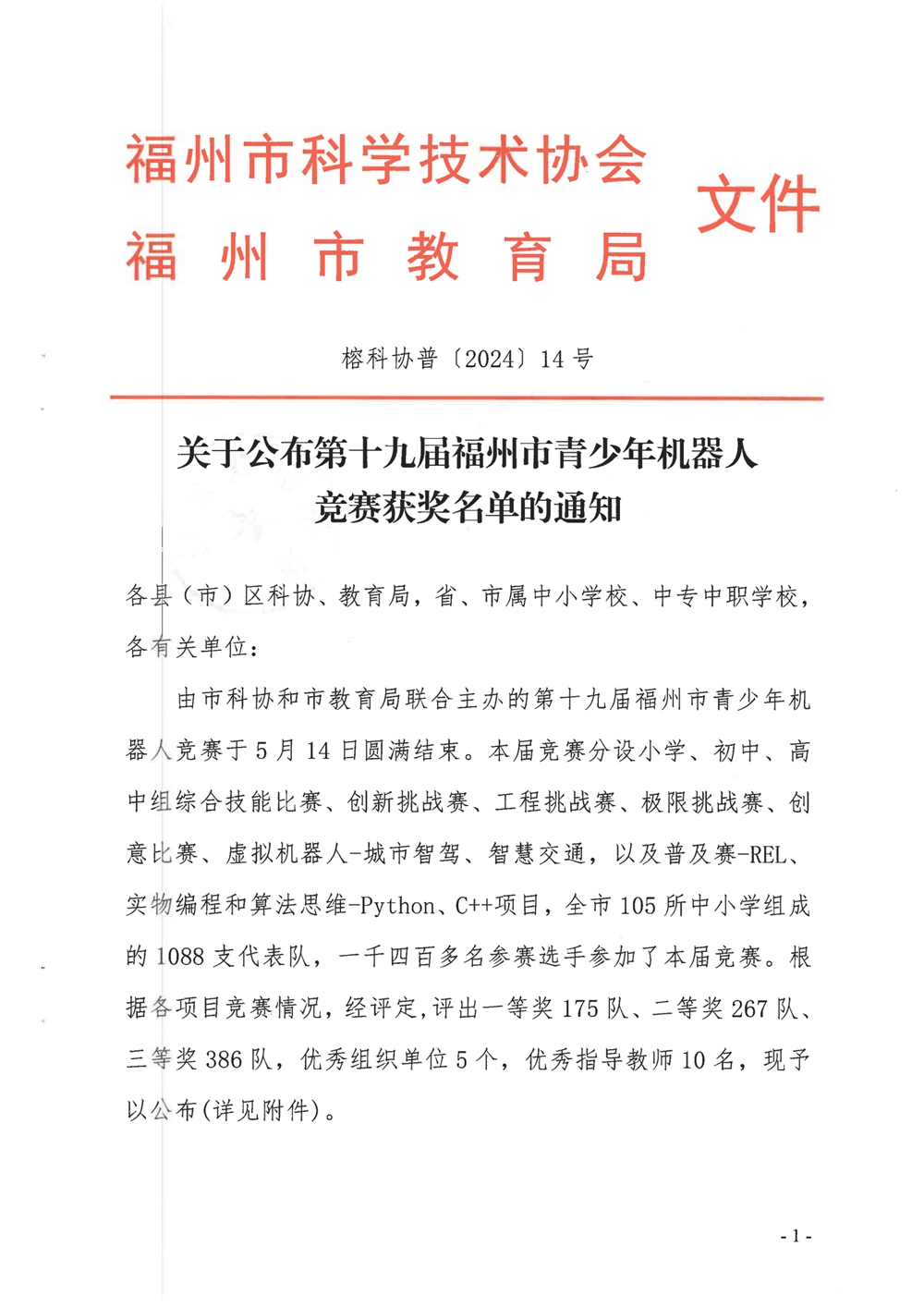 關(guān)于公布第十九屆福州市青少年機(jī)器人競(jìng)賽獲獎(jiǎng)名單的通知